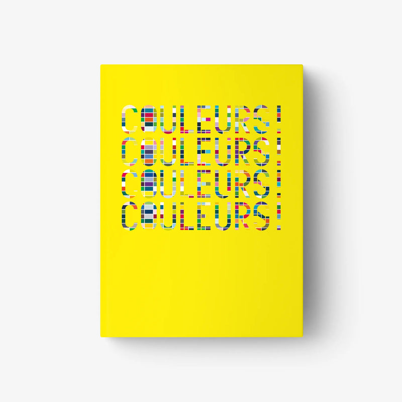 Hardcover book cover, bright yellow with repeated COULEURS! text pattern