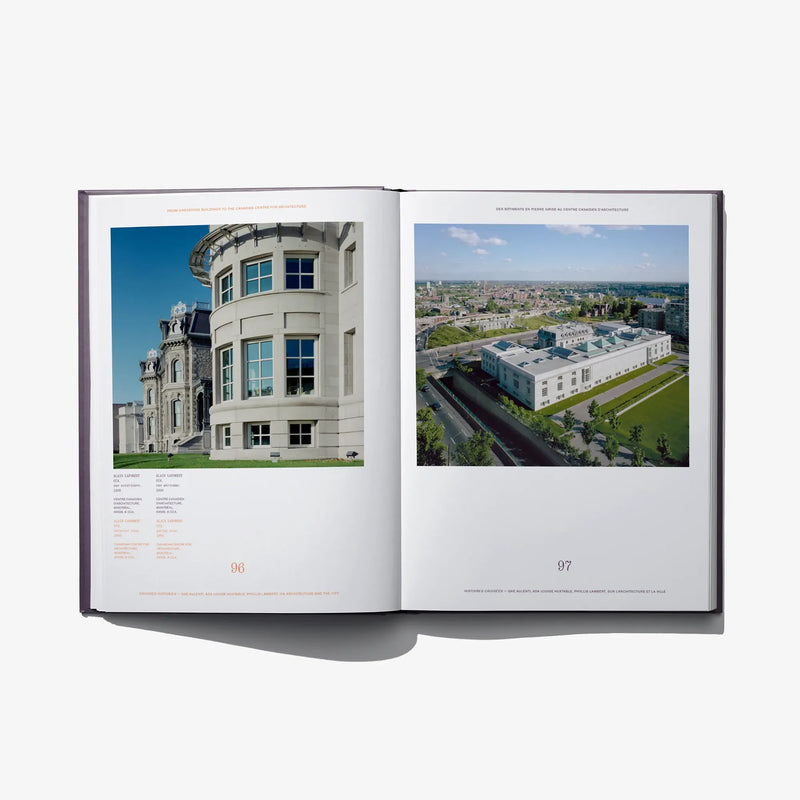Open book with two architectural photos and captions on the pages