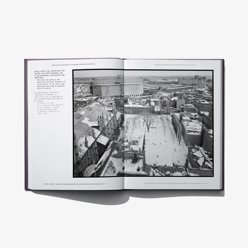 Open book with a black-and-white aerial facility photo and printed text