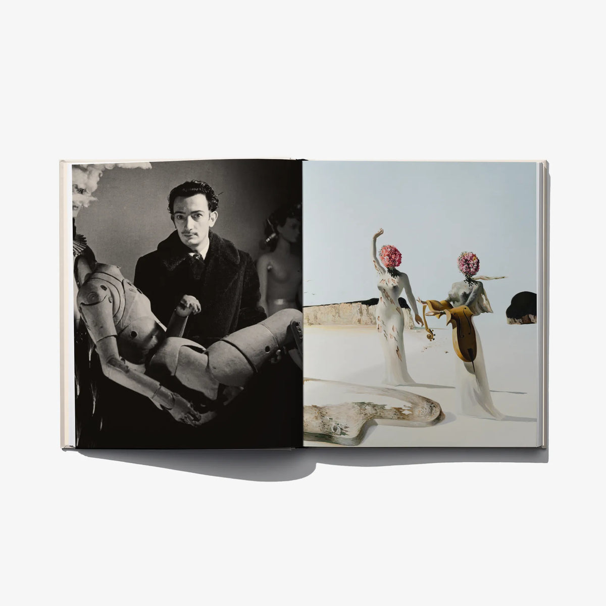 Open art book spread with black-and-white portrait photo and colorful fashion tableau