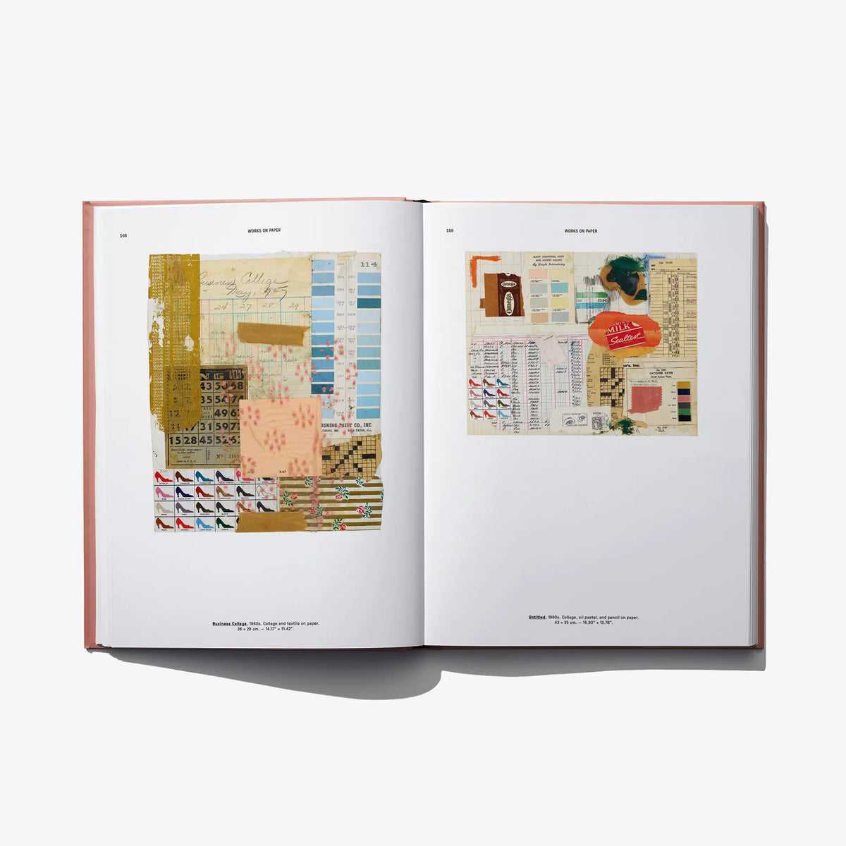 Open art book showing two colorful collage artworks on left and right pages