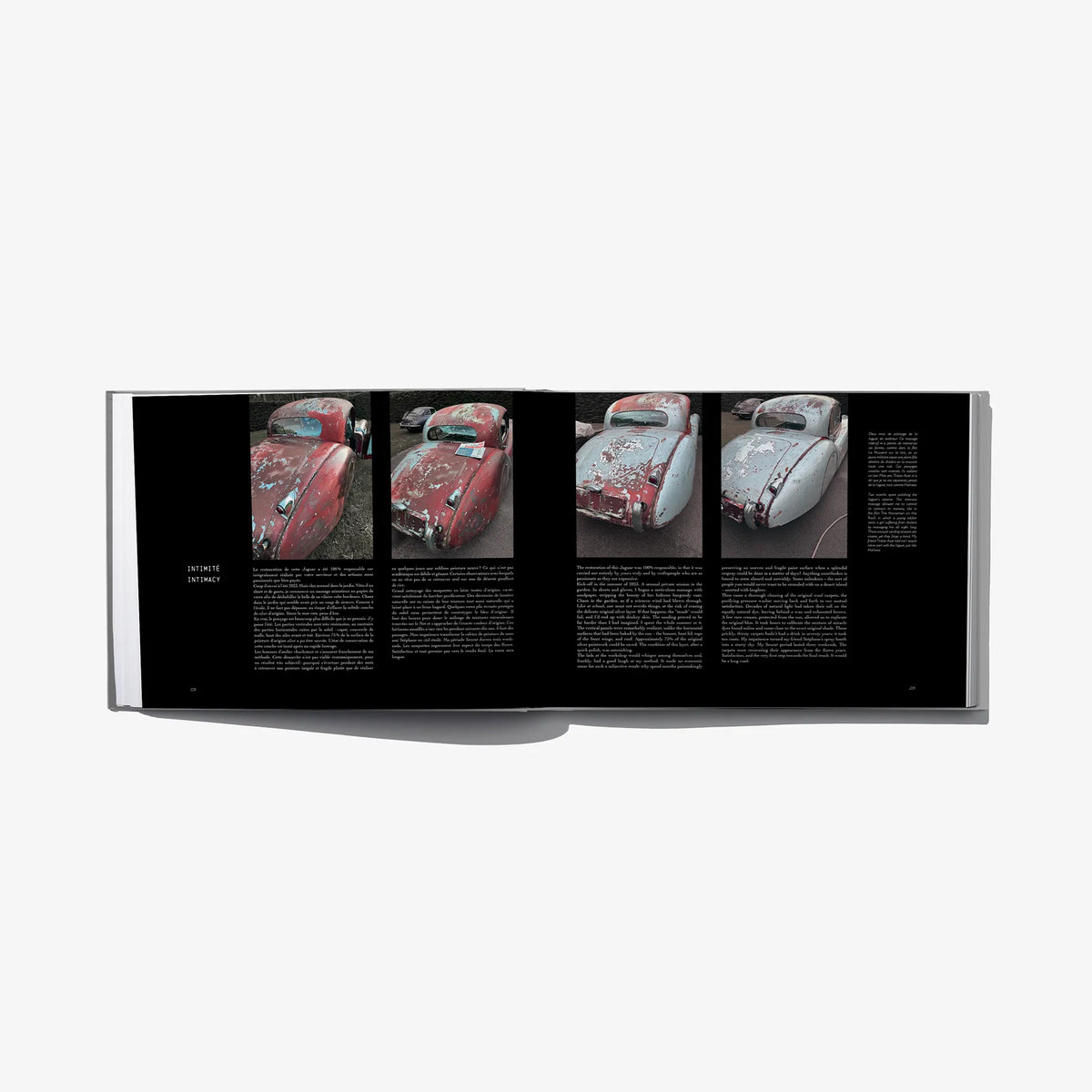 Dandy Crush book spread with multiple close-ups of a red classic car