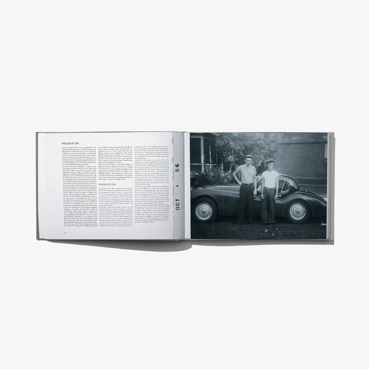 Dandy Crush book spread with black-and-white photo of two men by classic car
