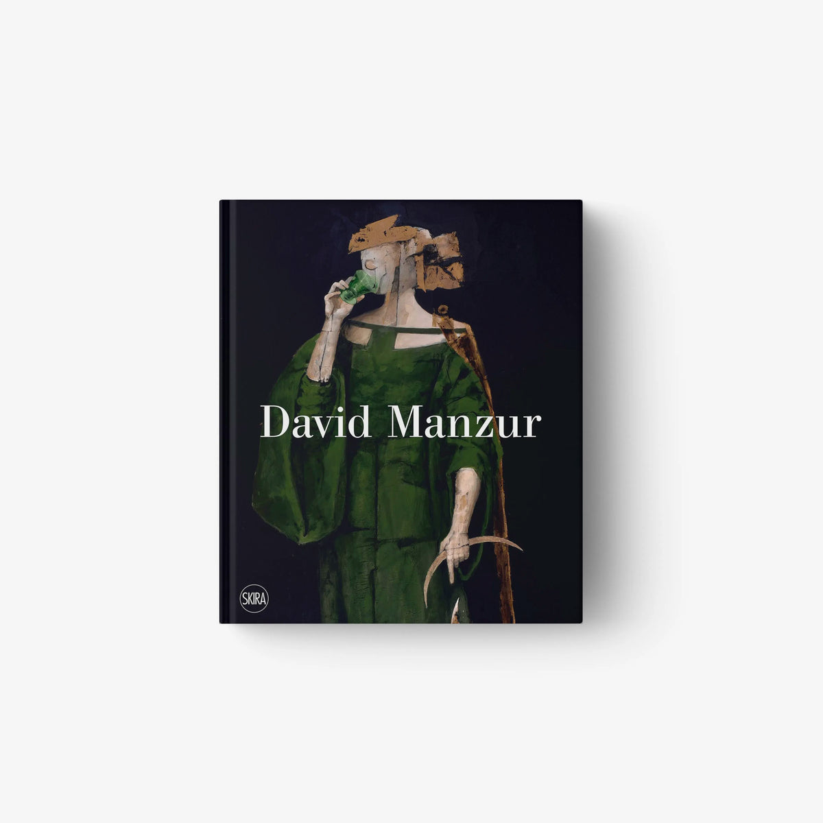 Contemporary figurative painting by Skira Arte, dark navy and green, oneiric staged scenes with David Manzur figure