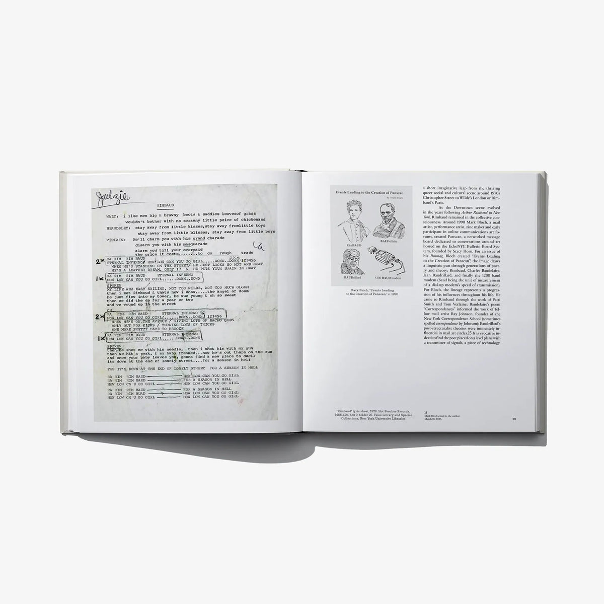 Open photo book spread with text-heavy pages and small illustrations