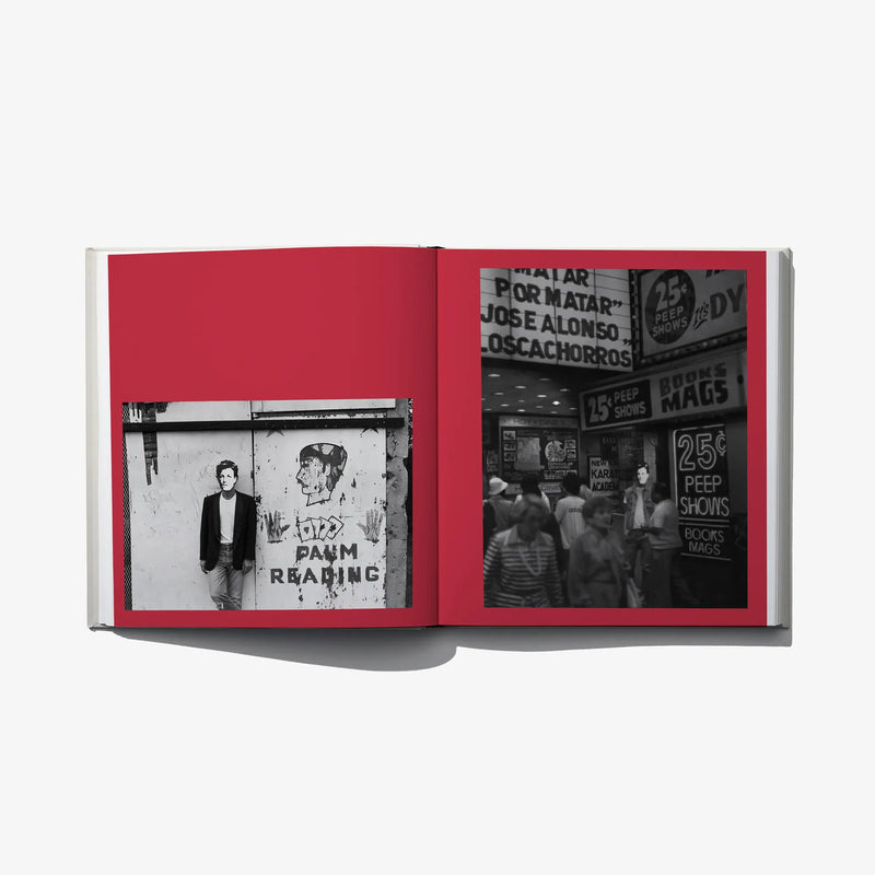Open photo book spread with two black-and-white street photos on red page