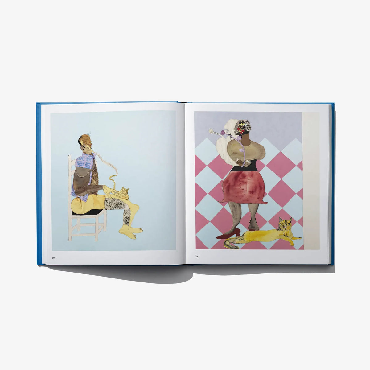 Open art book with two illustrated panels featuring stylized seated figures