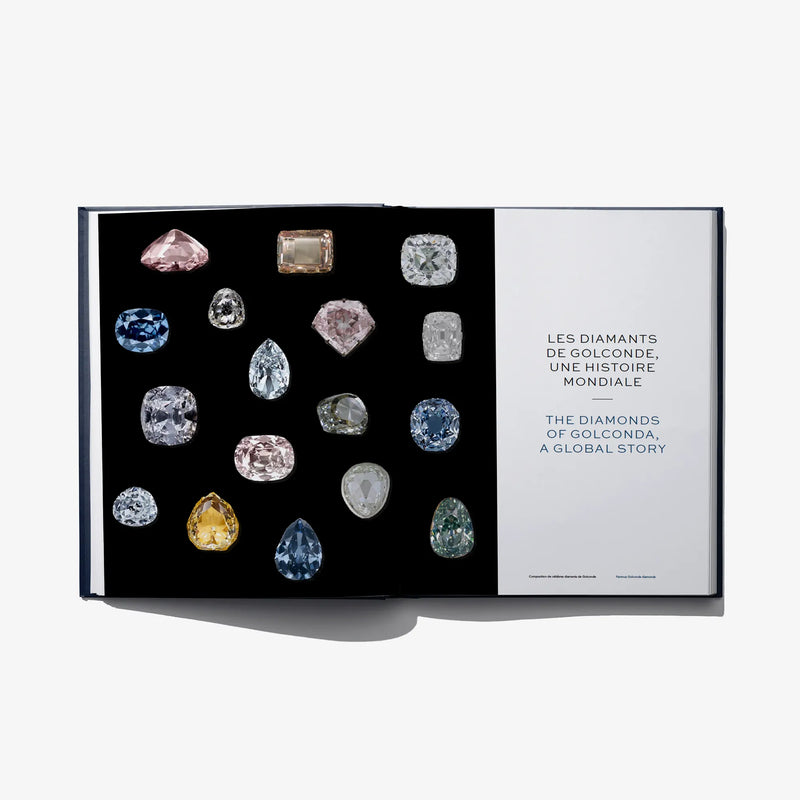 Diamonds of Golconda open book with assorted gemstone stones on black page