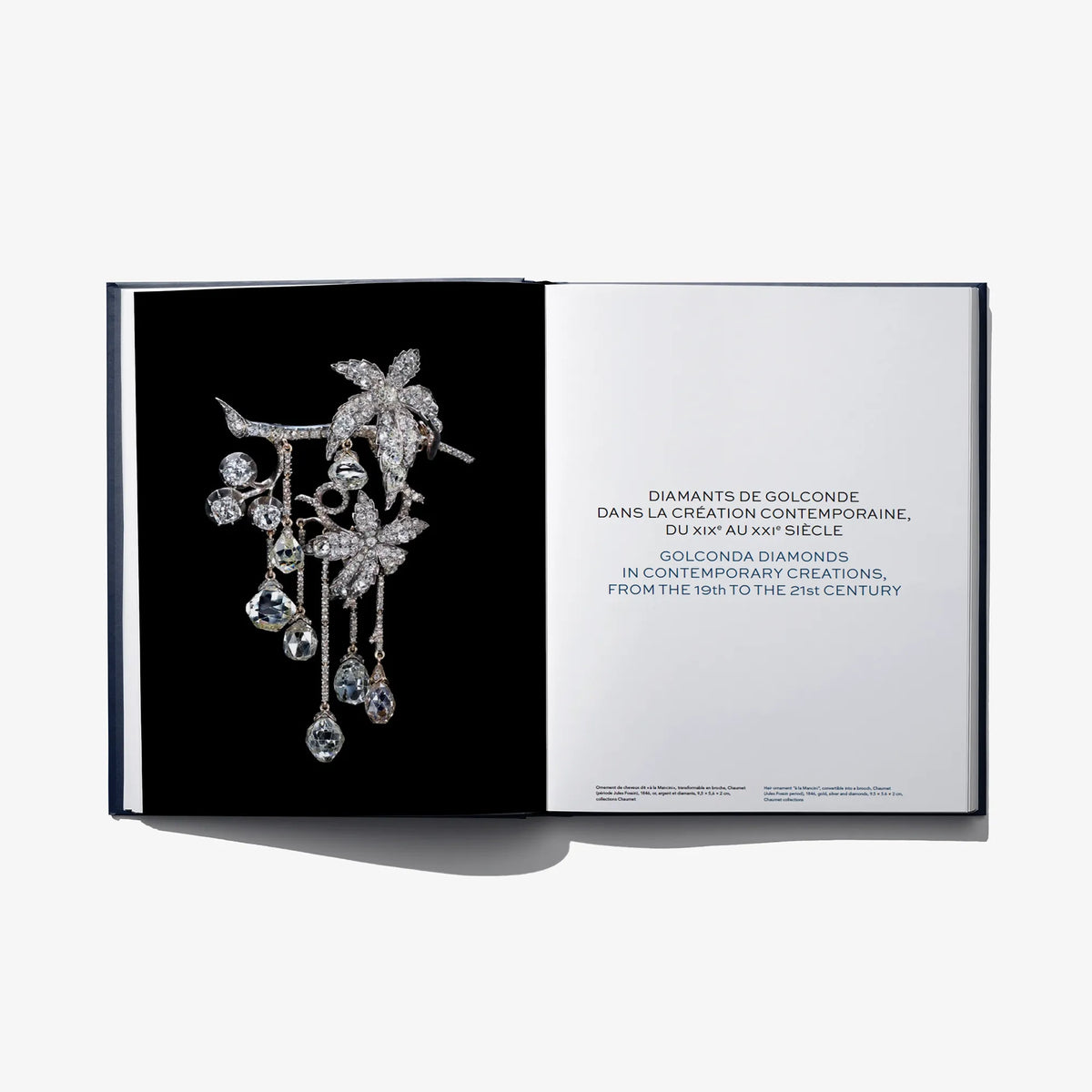 Diamonds of Golconda open book featuring dangling diamond jewelry illustration