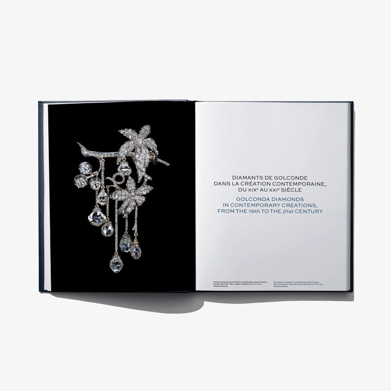 Diamonds of Golconda open book featuring dangling diamond jewelry illustration