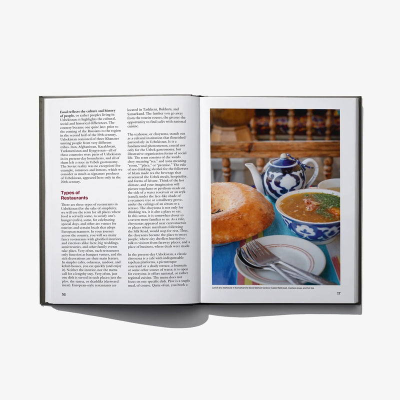 Open book spread with 'Types of Restaurants' heading and food and teapot photo