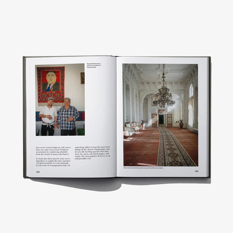 Open book spread with portrait photo on left and ornate hall interior on right