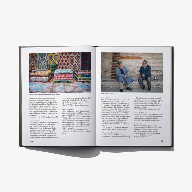 Open book spread with colorful textile photo on left and two men seated outdoors on right