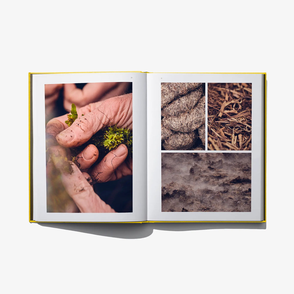Open wine book spread with hands planting seedlings and three soil texture photos