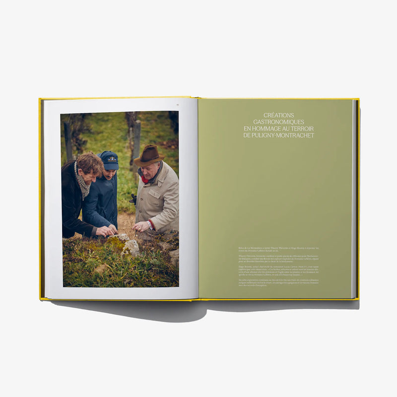 Open book spread with outdoor planting photo on left and green text page on right