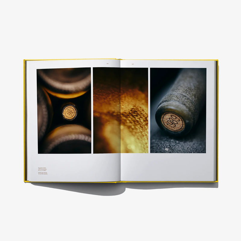 Open book spread with three close-up bottle caps in warm, amber, and blue tones