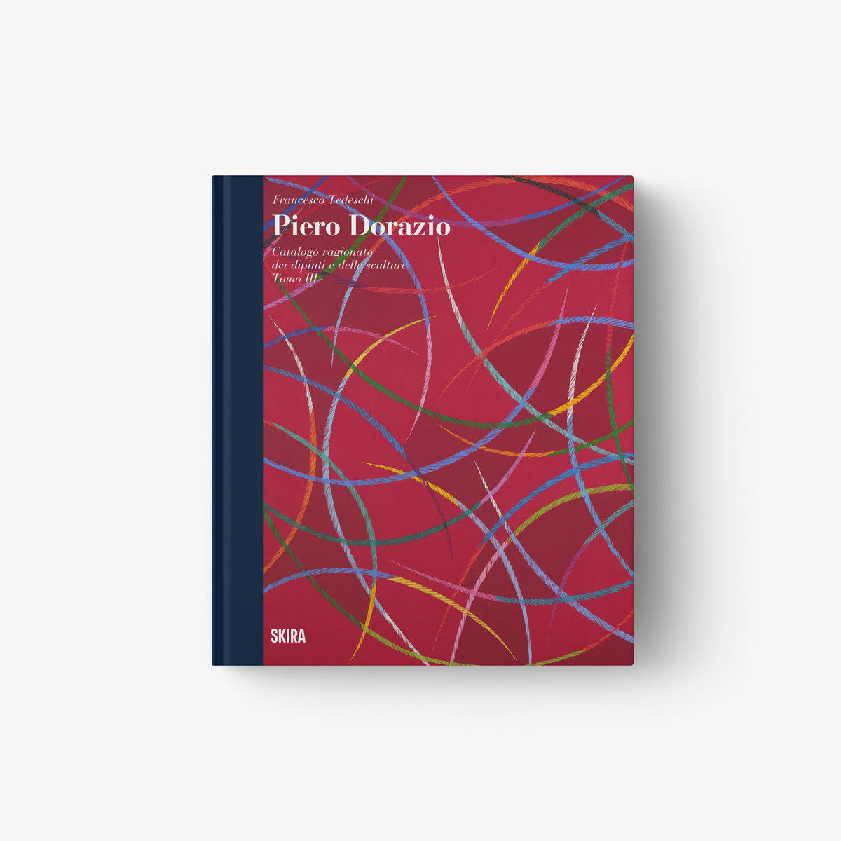 Hardcover catalogue book with red abstract lines and curves cover art