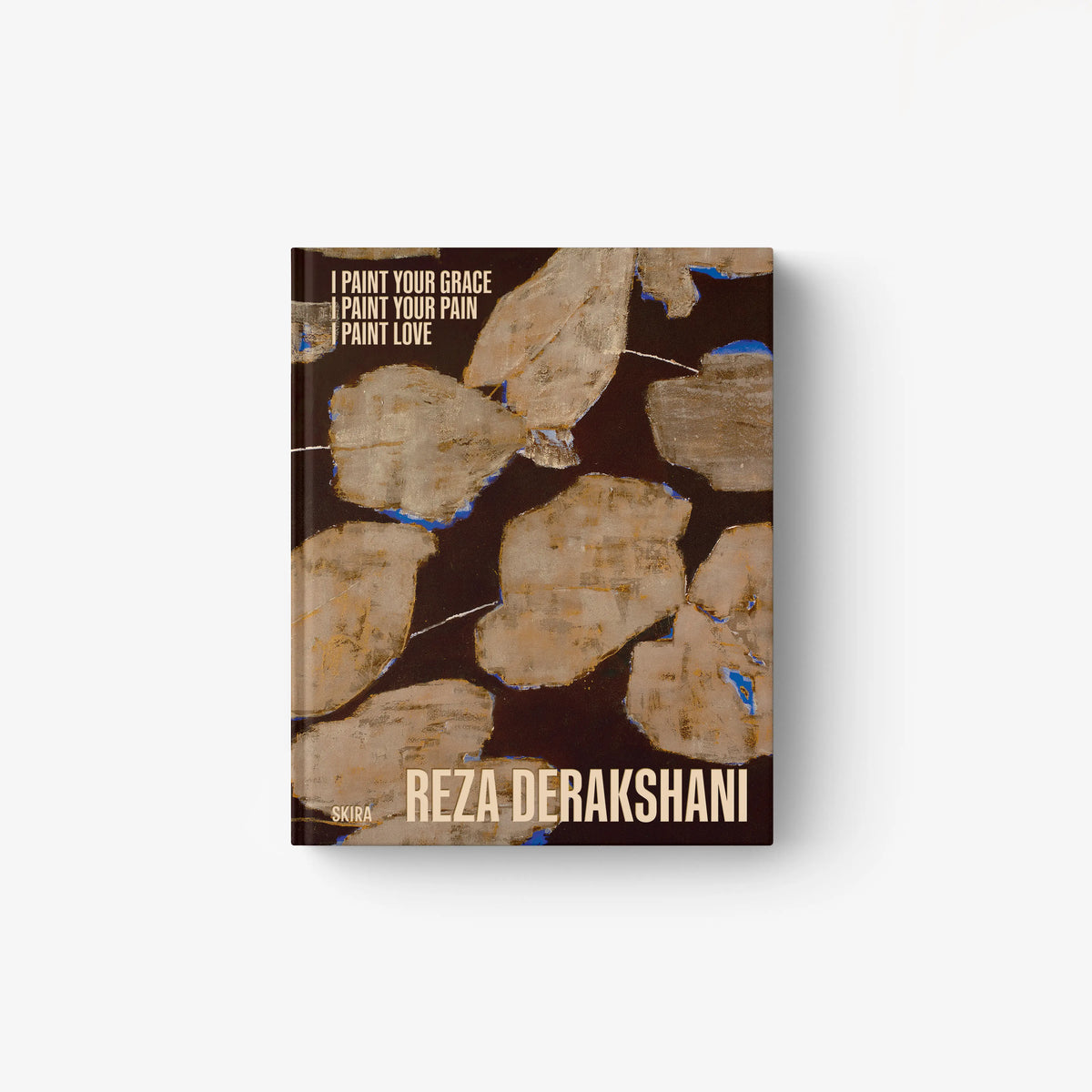 Abstract art book cover with beige shapes, blue accents, and Reza Derakhshani text