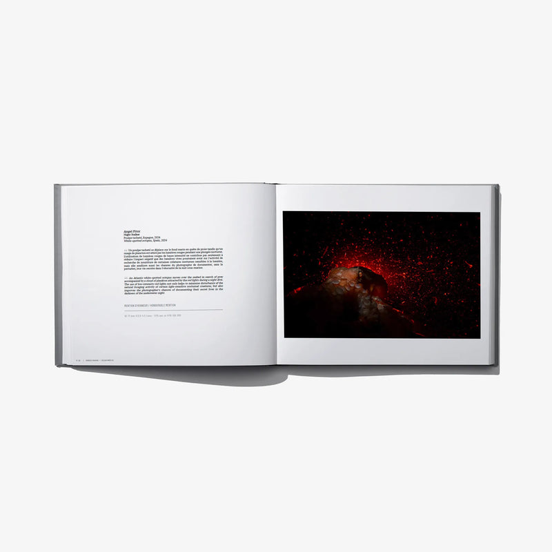 Hardcover photo award book open, white pages with dark red image and printed text.