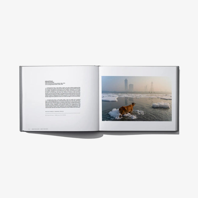 Hardcover photo award book open, white pages with ocean wildlife photo and printed text.