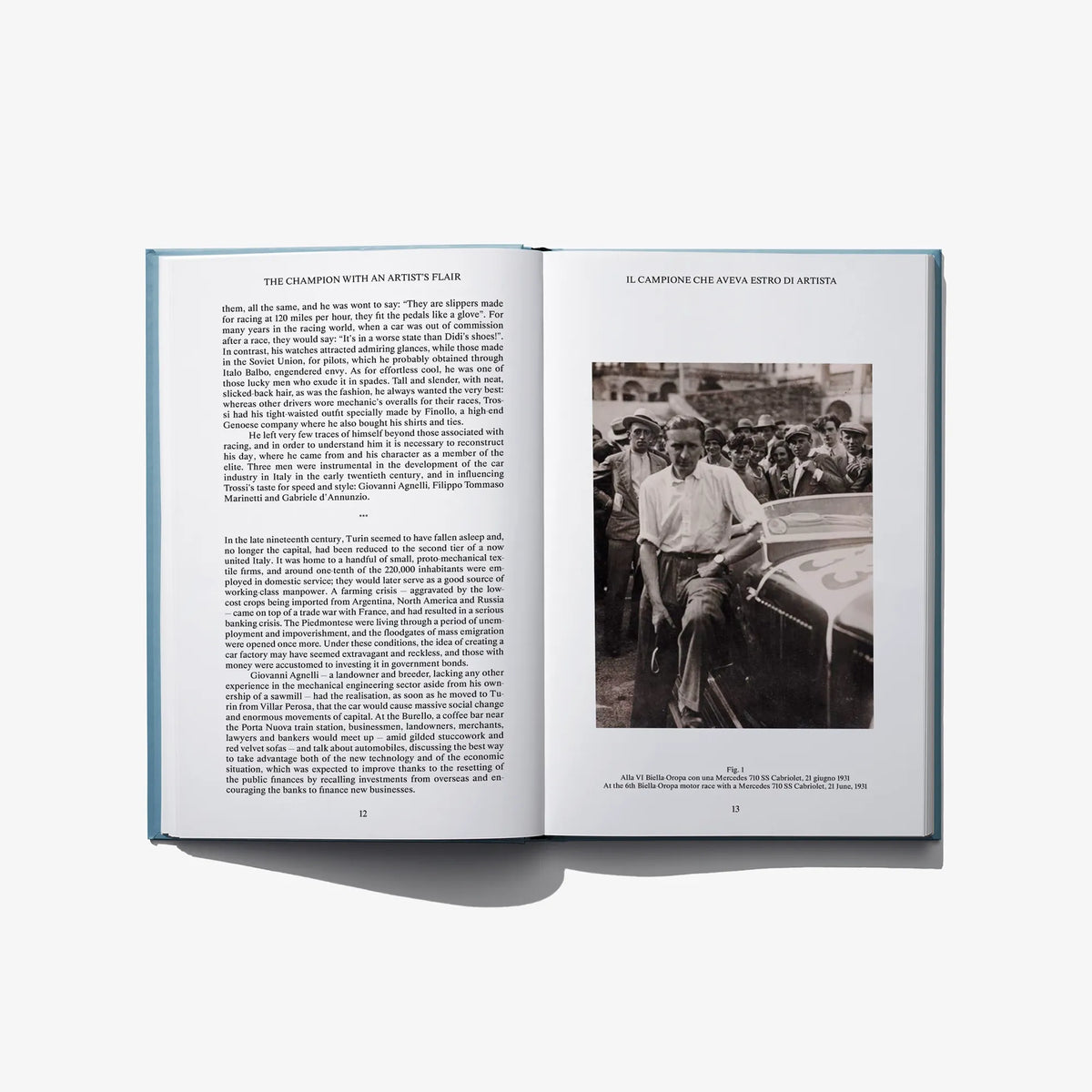 Open book spread with black text columns and one black-and-white photo
