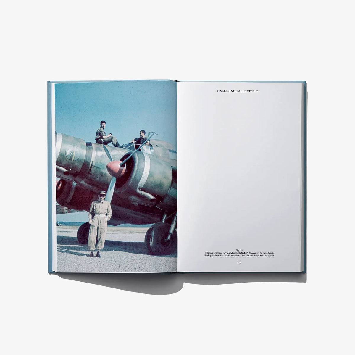 Open book spread featuring a large black-and-white aircraft photo