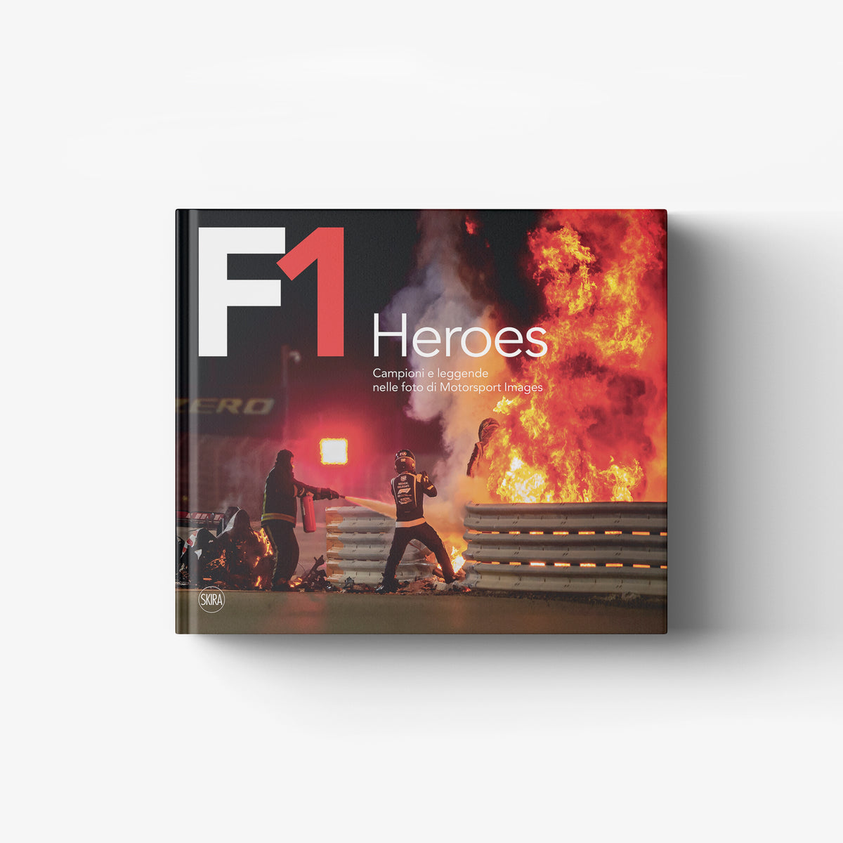 Motoring photo book with illustrated cover by Skira Arte, F1 Heroes, fiery flames and drivers on the front