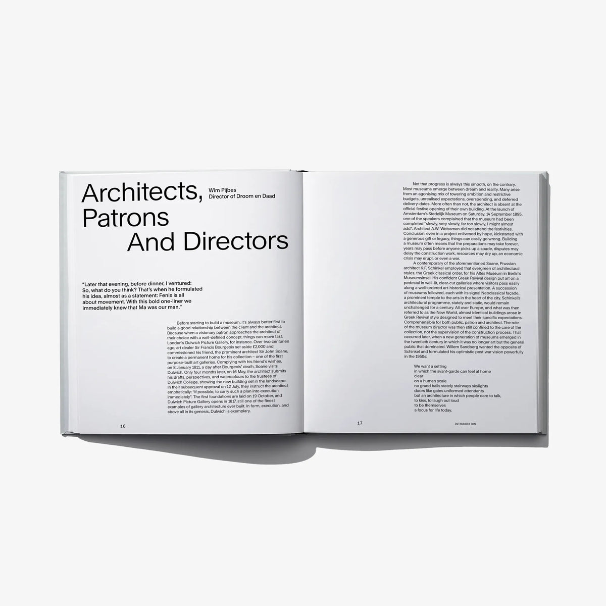 Open architecture book spread titled 'Architects, Patrons And Directors' with printed paragraphs.
