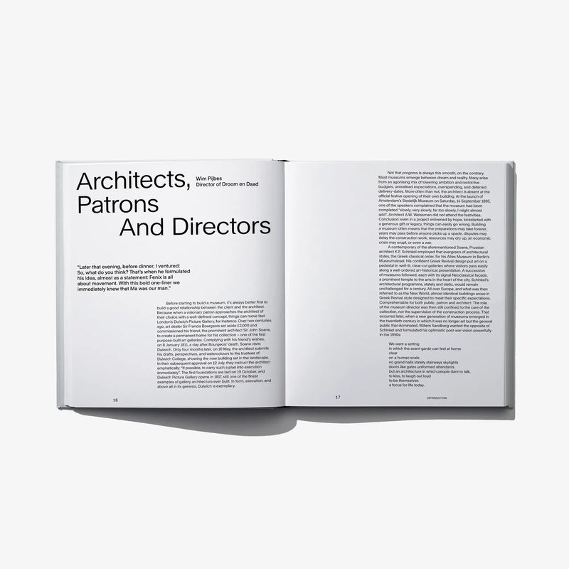 Open architecture book spread titled 'Architects, Patrons And Directors' with printed paragraphs.