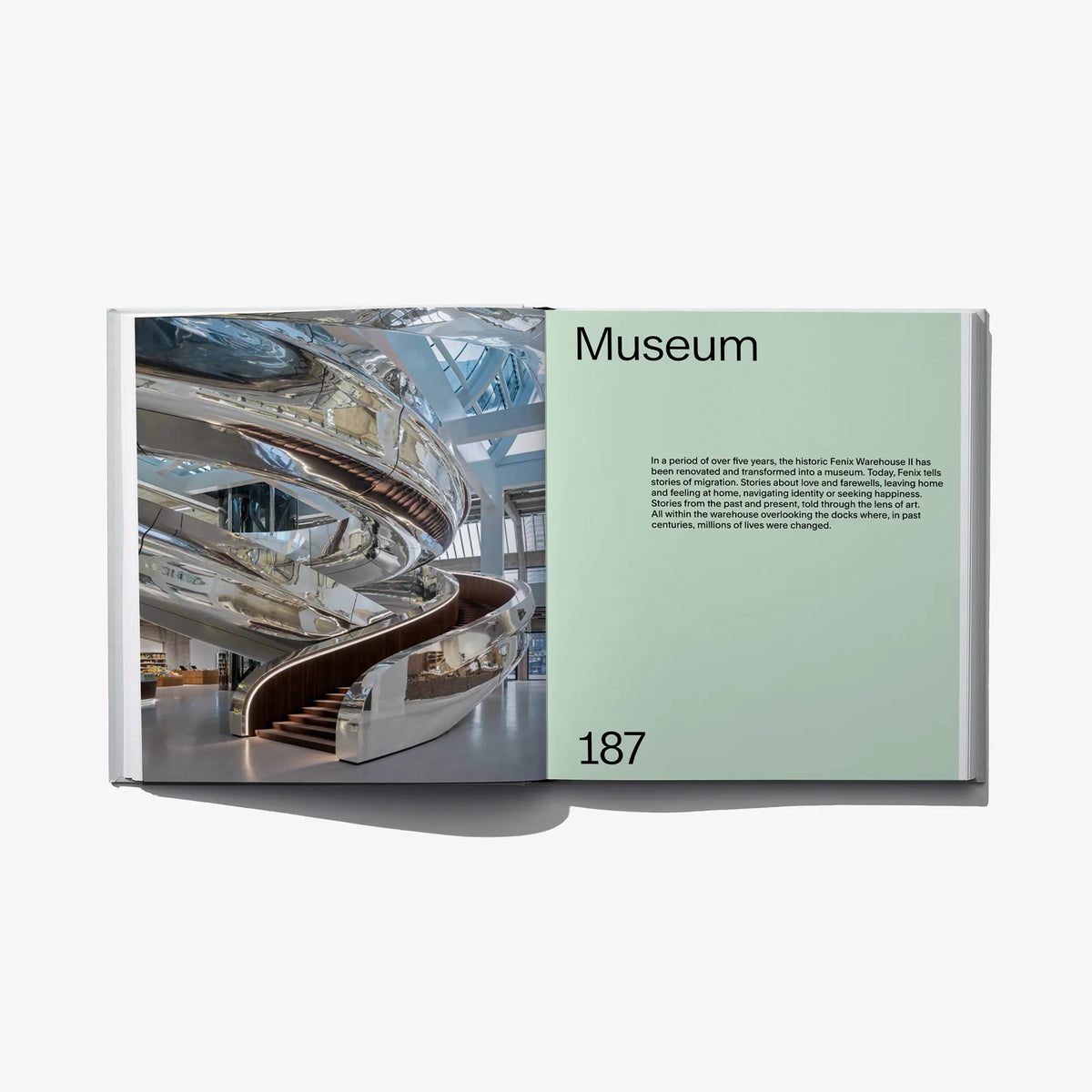 Open architecture book page with 'Museum' heading and '187' page number beside text.