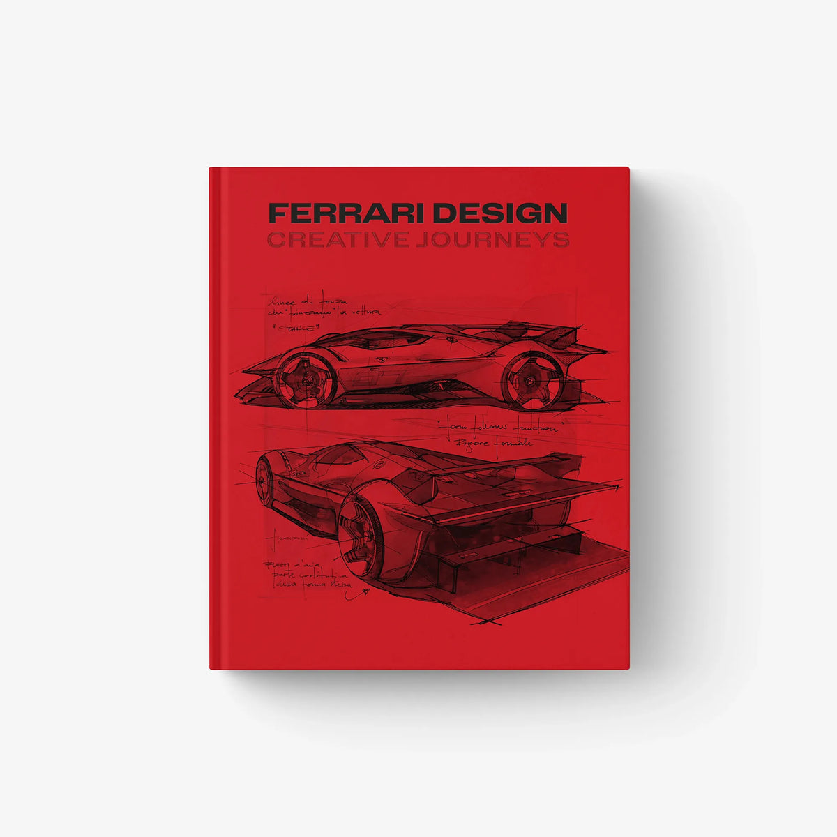 Red hardbound design book cover with Ferrari Design title and car sketch illustrations