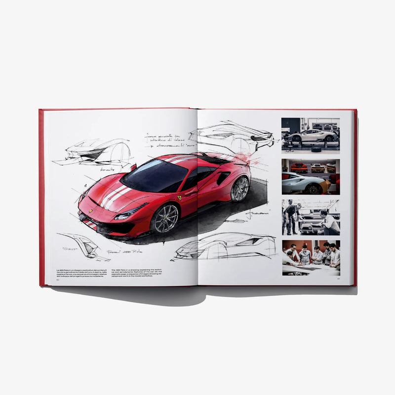 Open design book with red sports car design sketches and a photo grid on right page