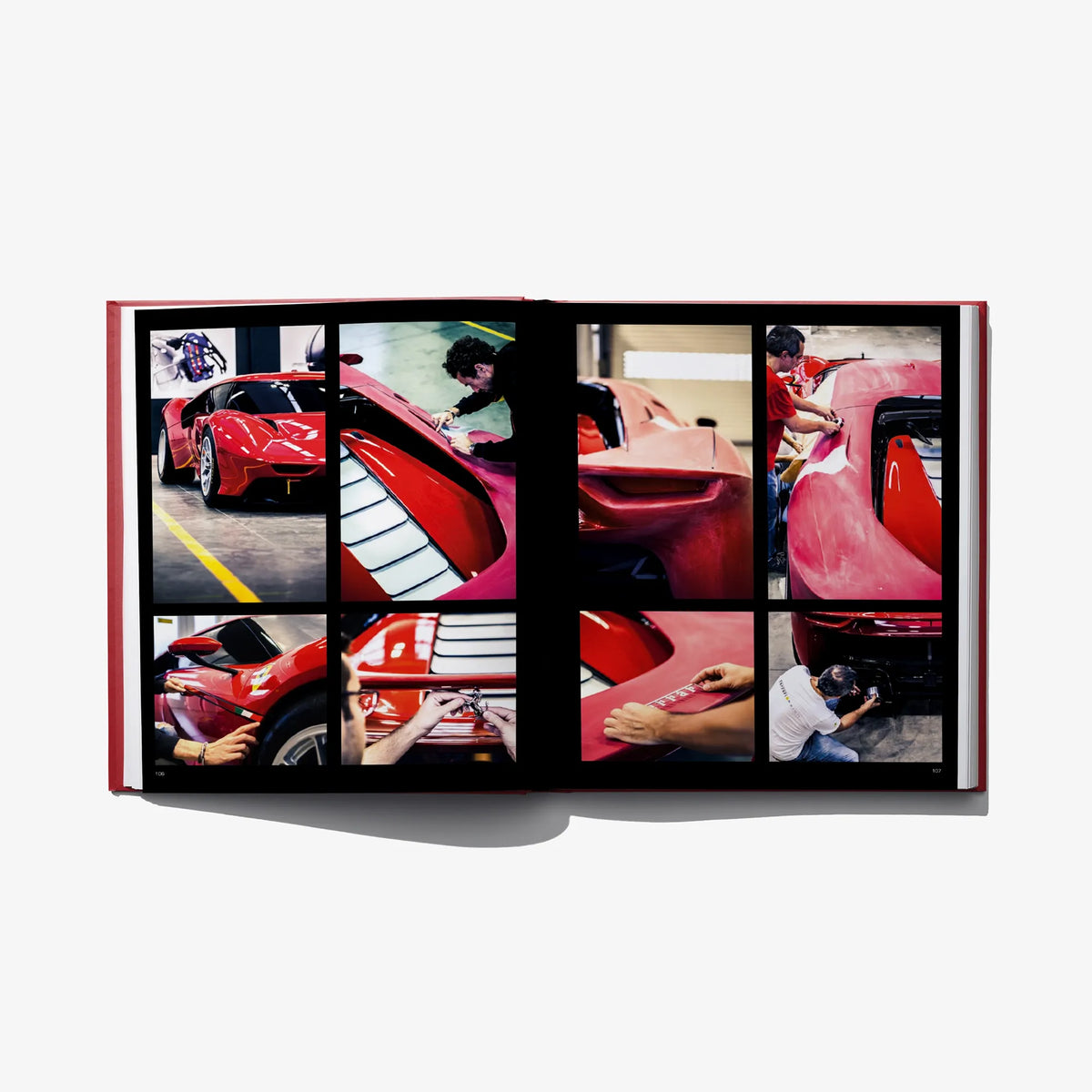 Open design book with a collage of red car design and workshop photos