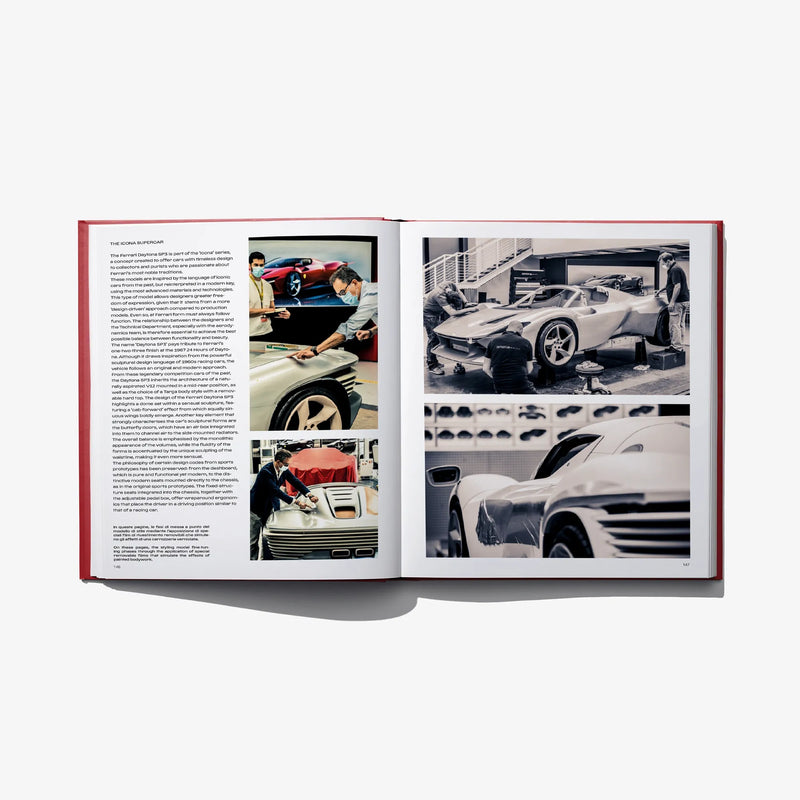 Open design book with left text column and right-page photos of a vehicle