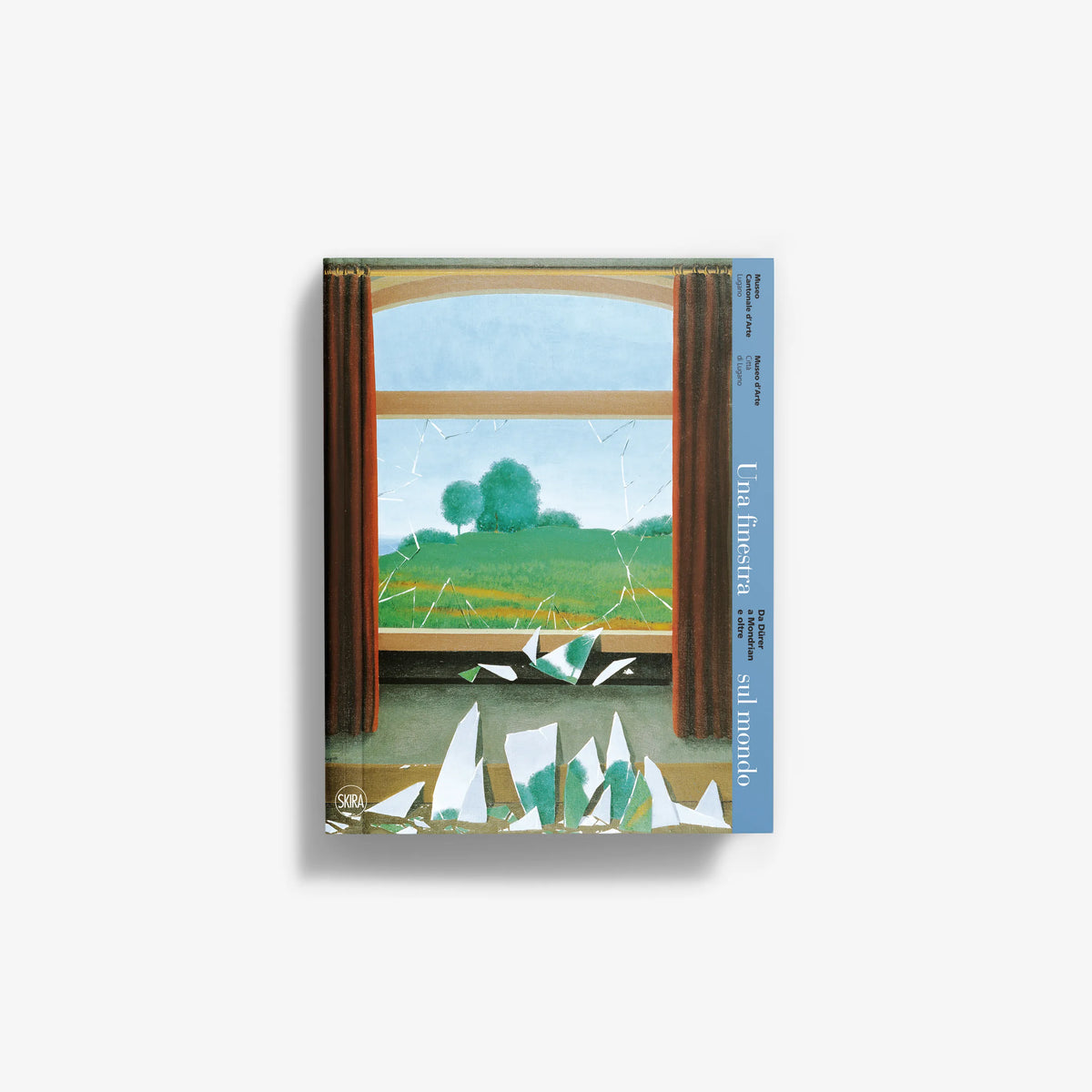 Framed art print with blue sky, green landscape, and white geometric shapes