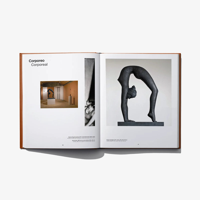 Open art book spread with dark sculptural figure and small room thumbnail