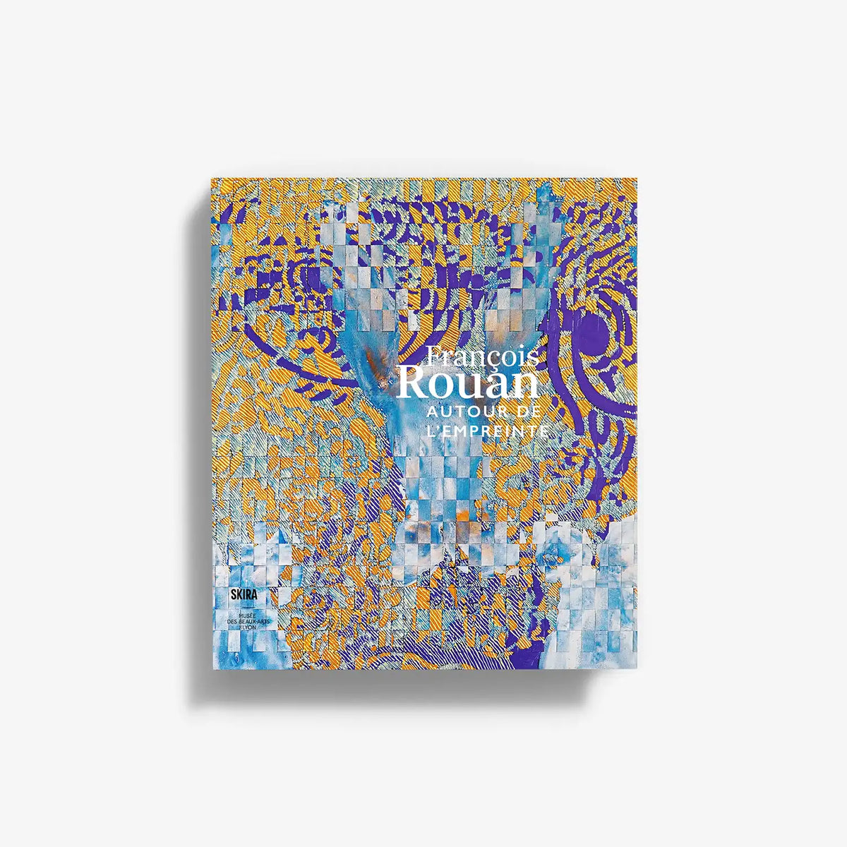 Art book cover with blue and yellow abstract mosaic artwork