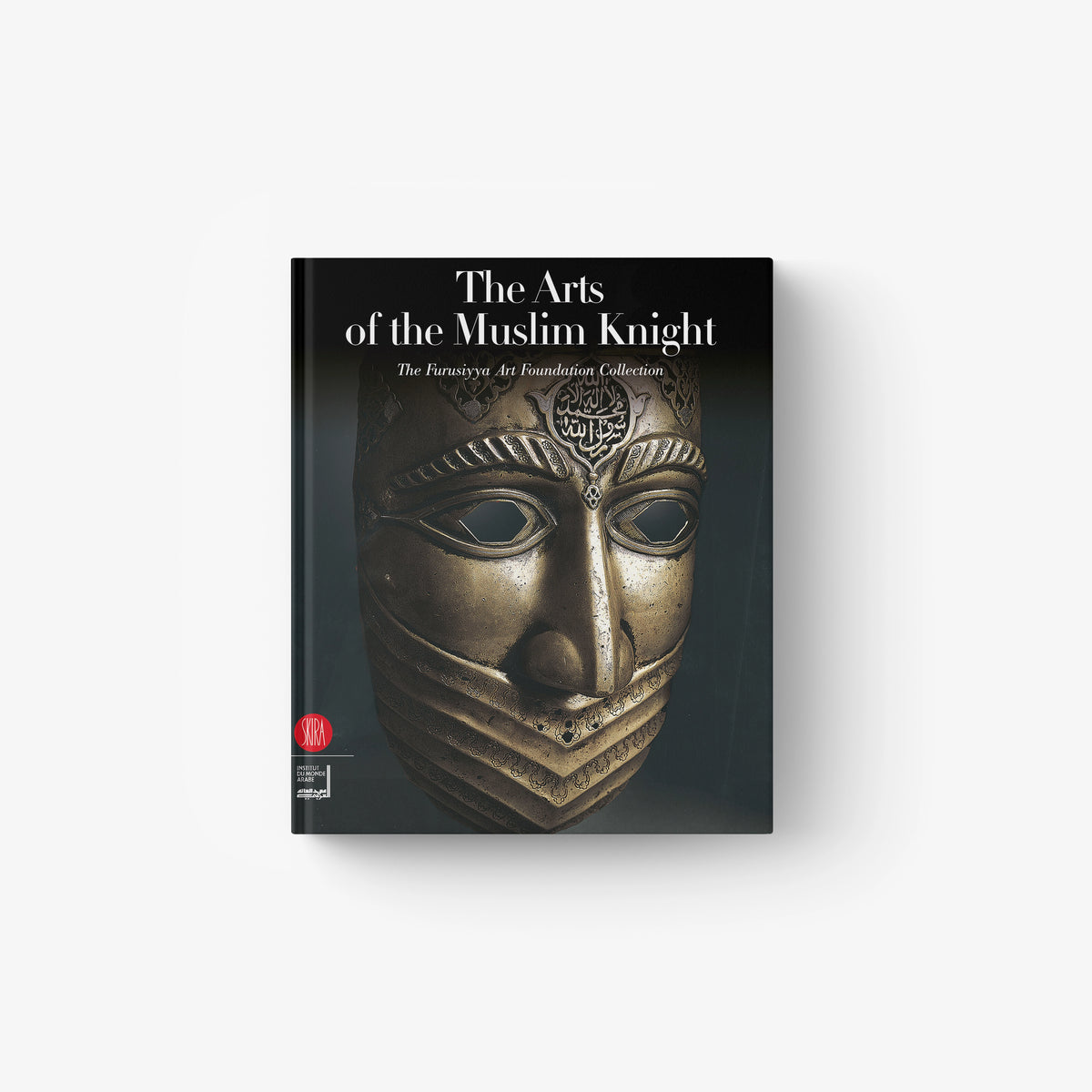 Hardcover book with gold mask face cover art and ornate Arabic-style lettering