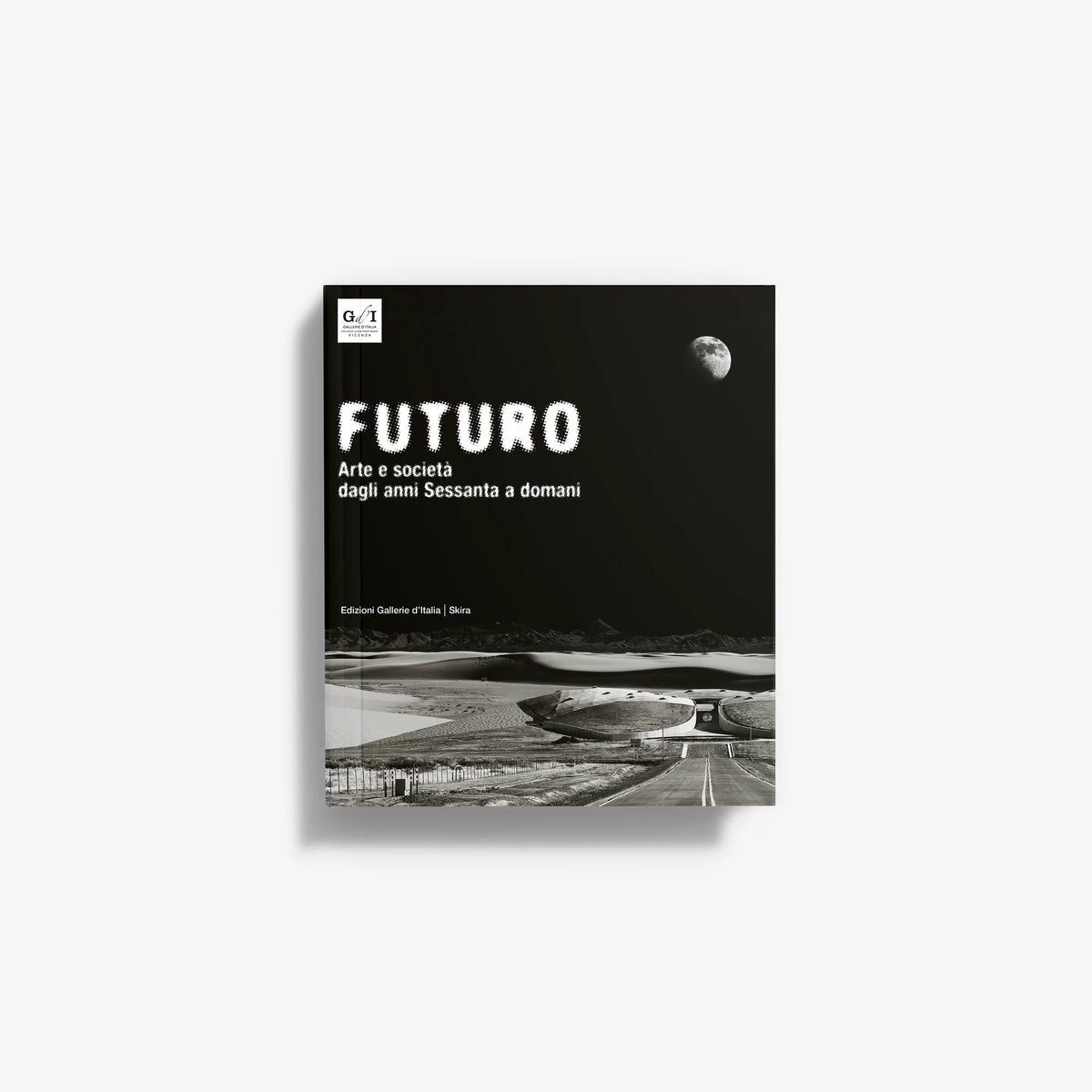 Black and white book cover with bold white text "FUTURO" and a coastal landscape under a moonlit sky.