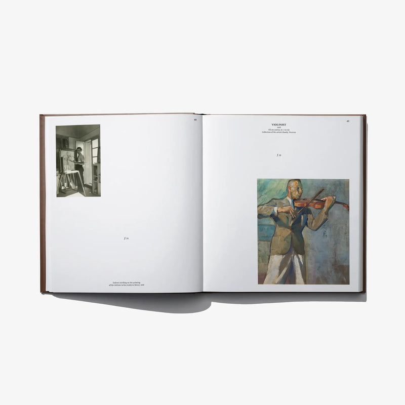 Open hardcover art book with small artworks and printed captions on left and right pages