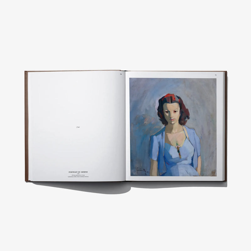 Open hardcover art book with a portrait painting on the right page and blank left page