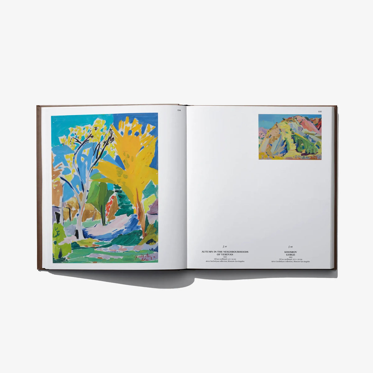 Open hardcover art book with colorful landscape paintings on the left and right pages