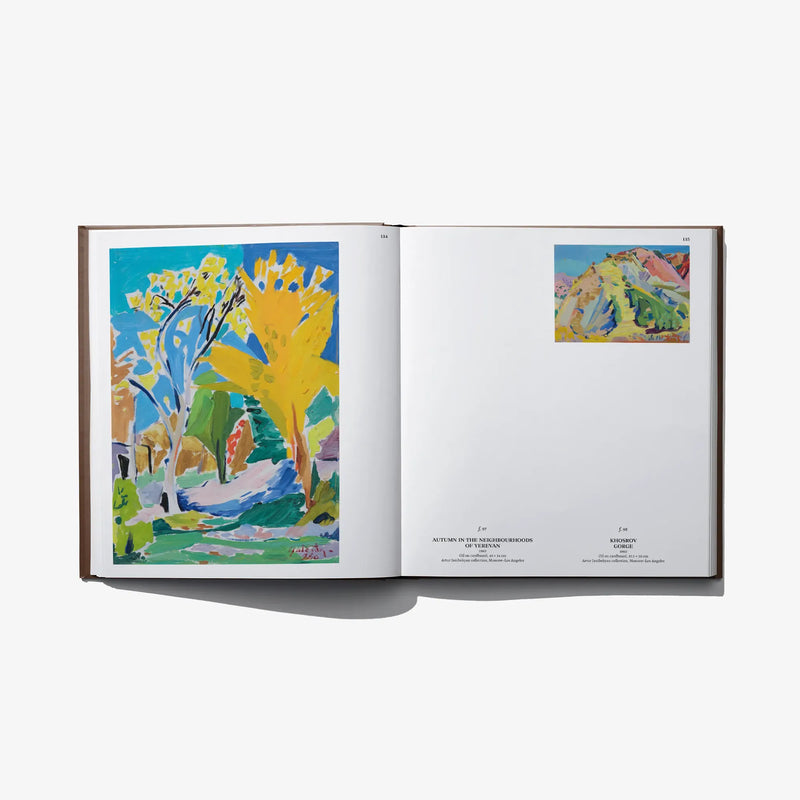 Open hardcover art book with colorful landscape paintings on the left and right pages