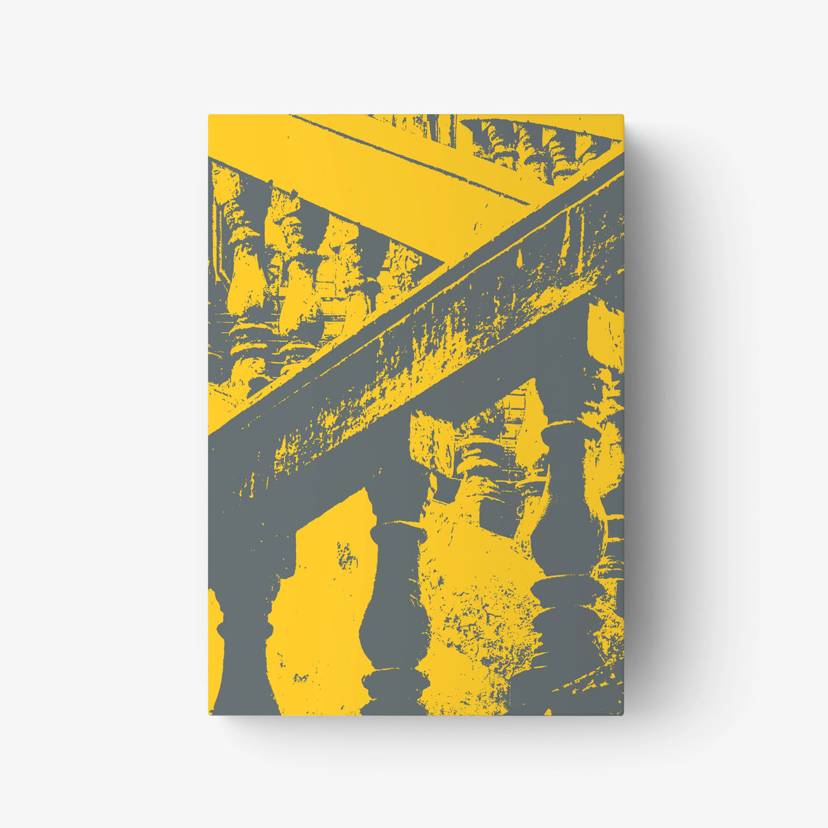 Book cover with yellow and gray diagonal bands and statue-like silhouettes.