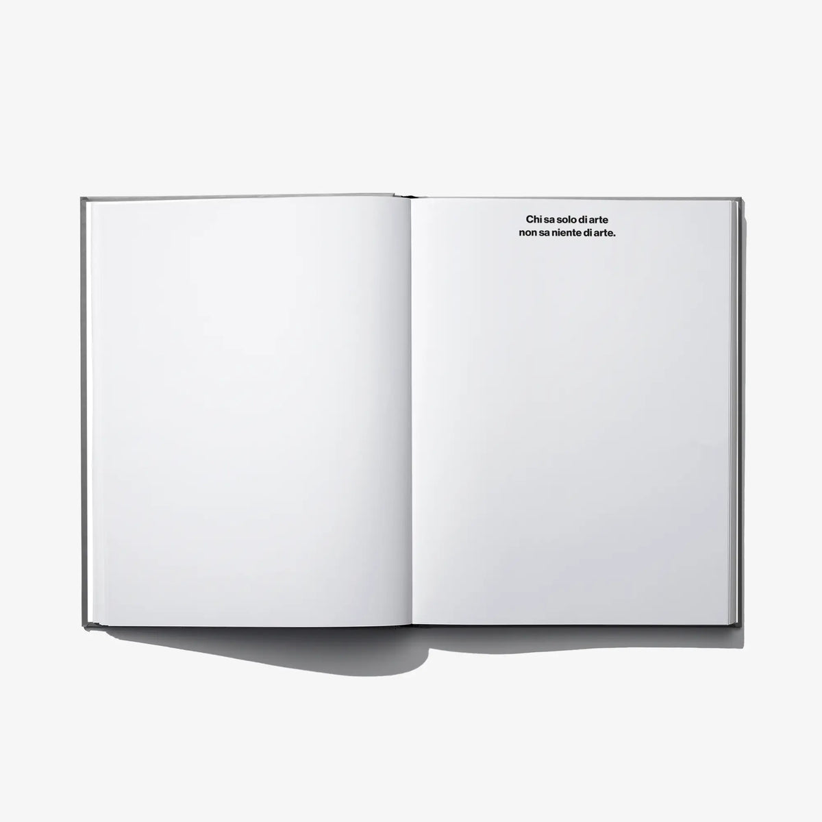 Open hardcover art book with blank pages and visible spine
