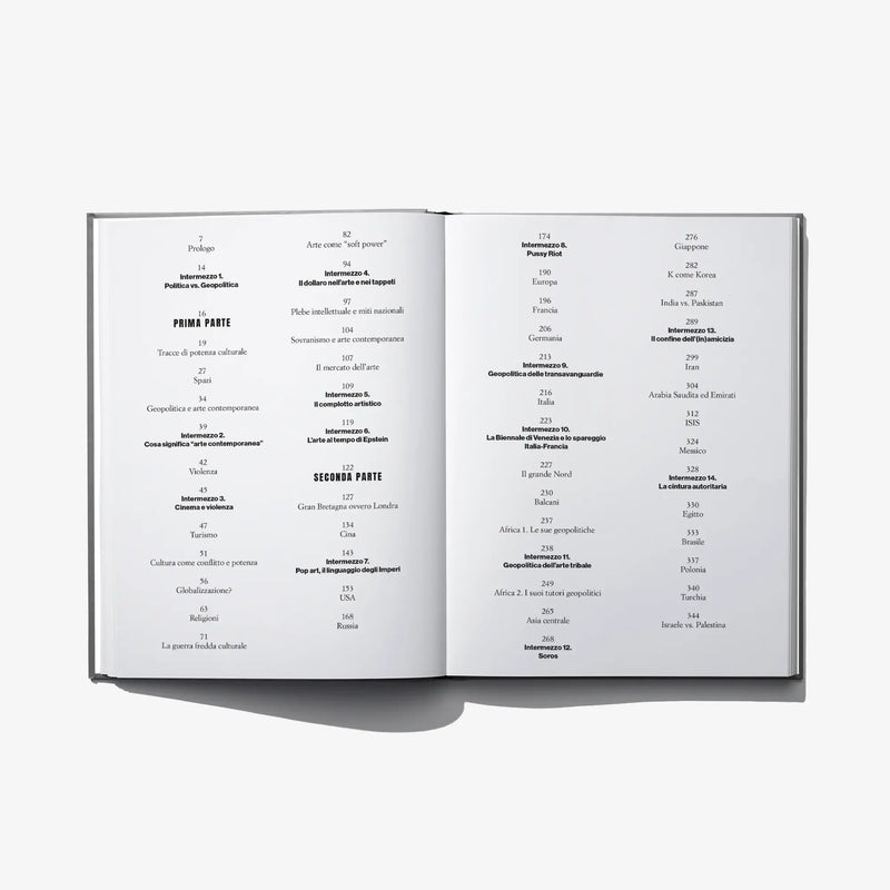 Open hardcover art book showing printed table of contents on both pages