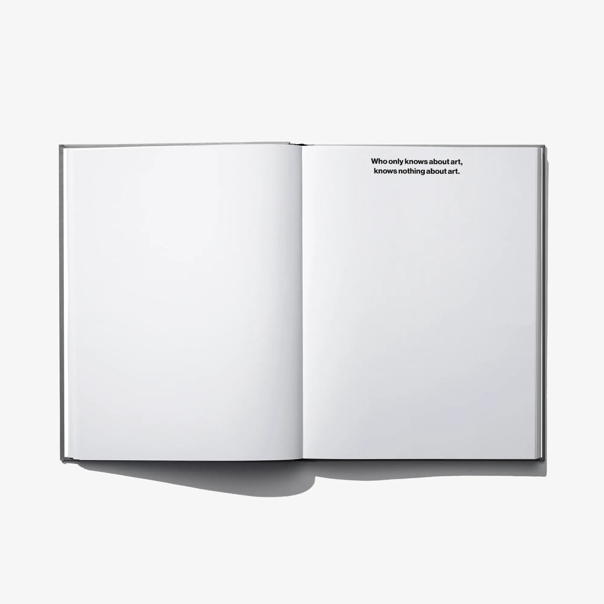 Open hardcover book with blank left page and small paragraph on right page