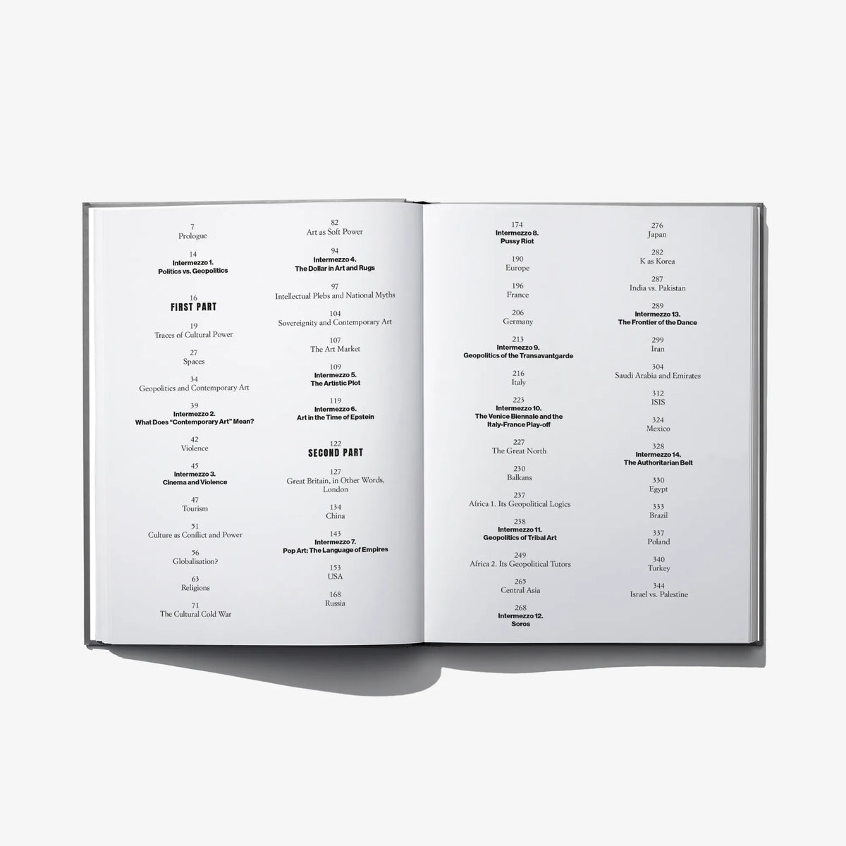 Open hardcover book with two-page table of contents and section headings