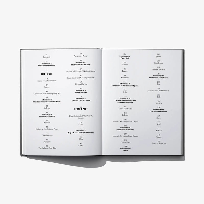 Open hardcover book with two-page table of contents and section headings