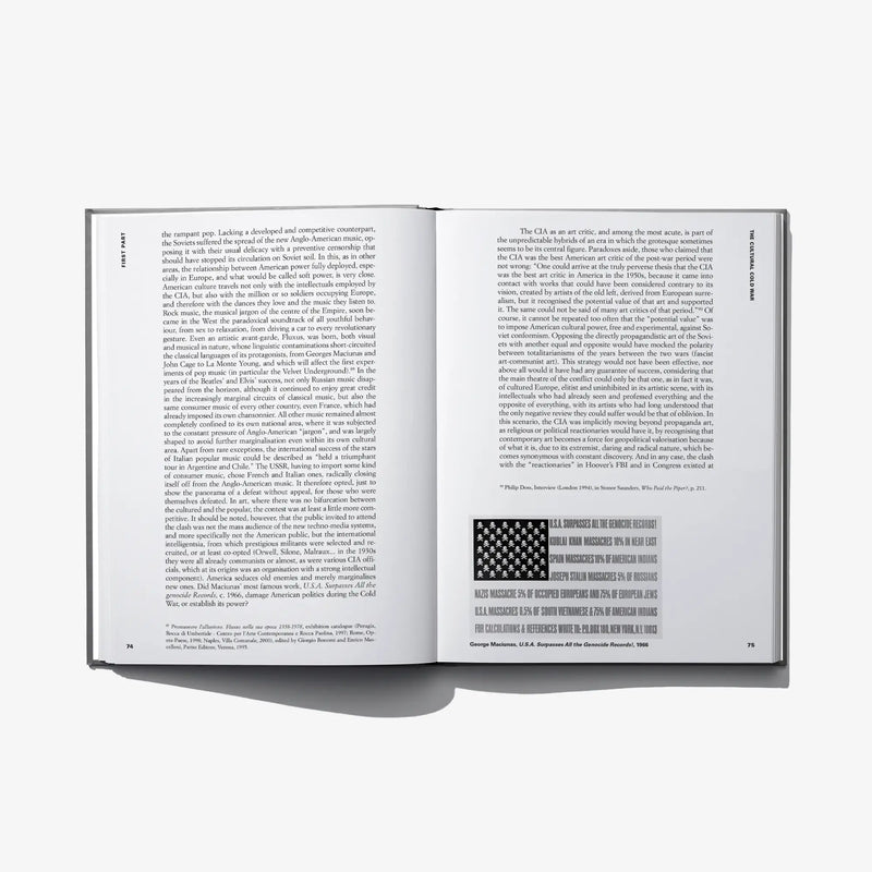 Open hardcover book spread with dense paragraphs and small grayscale photo block